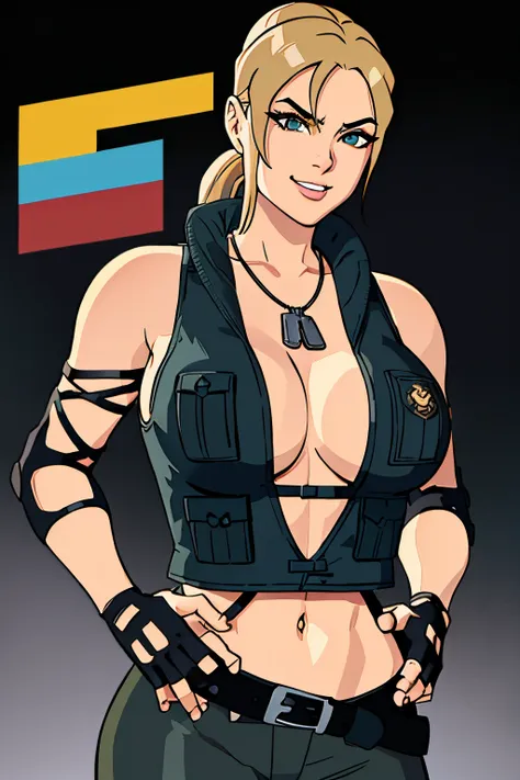 1girl, cowboy shot, sonyablade, cleavage, vest, abs, cleavage, dog tags, fingerless gloves, midriff, navel, pants, knee pads, ha...