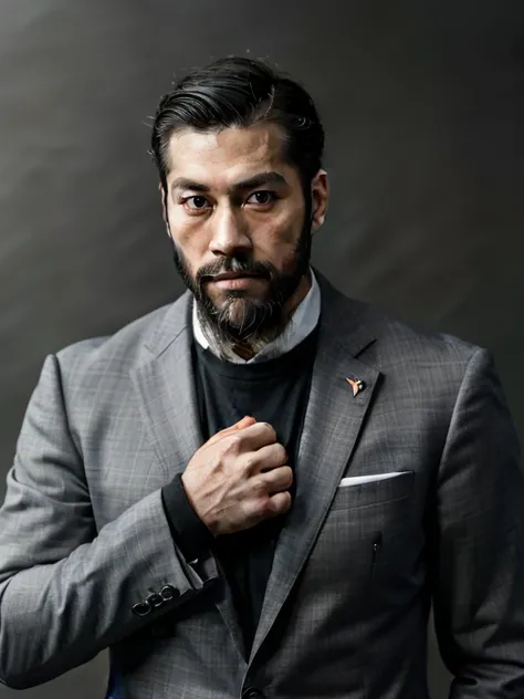 Handsome men,Japan people in their 30s,Bearded,dandy,musculature,Upper body portrait,人物,Gray background,suits,Touching your face with your hands