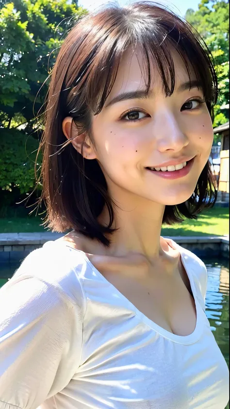 (top-quality、8k、32k、​masterpiece、UHD:1.2)、Photo of a cute Japanese woman、1gril、Black short hair、(Detailed white loose t-shirt:1.2)、Look at viewers、pov、looking-down、a smile、Mare、The upper part of the body、swim wears