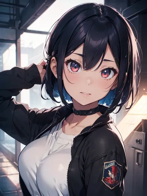 (best quality, highres:1.4),  detailed shot of breasts, close-up shot of breasts, finely-detailed face, intricate details in the eyes, Touka Kirishima, blue shoulder-length hair, ghoul eyes, retro jacket, Tokyo Ghoul, retro-futuristic background, vibrant c...