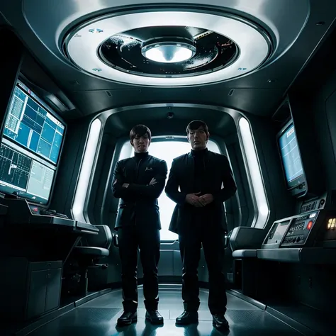 Captain Kirk and Spock watch a shiny chrome sphere on the main monitor on the bridge of the starship Enterprise