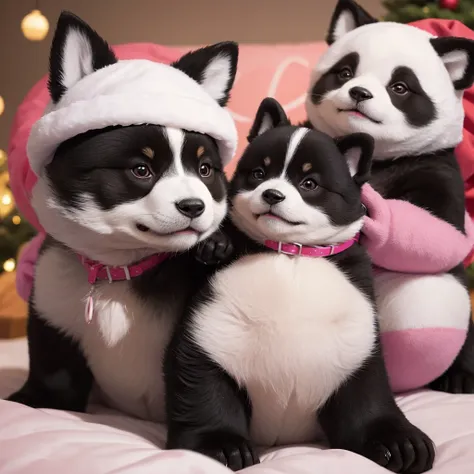 Chubby cute panda in Christmas colors ，I have a good friend, a Shiba Inu, which is pink and purple.。Hope to generate a set of 7-9 cute emoticons