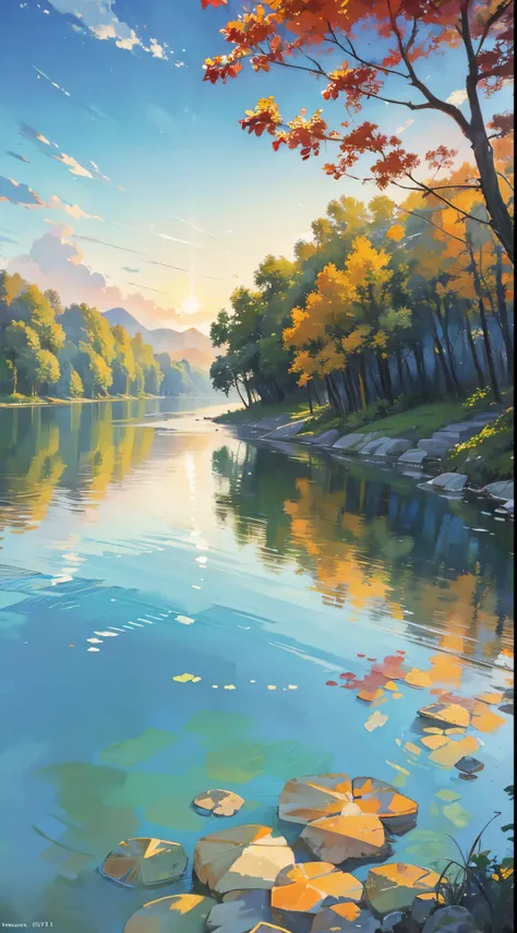 Impressionistic watercolor landscape revealing a rustic dwelling precariously nestled against a serene flowing river, as the declining sun births a variegated canvas in the sky and mirrors its brilliance on the surrounding foliage and tranquil water, quain...