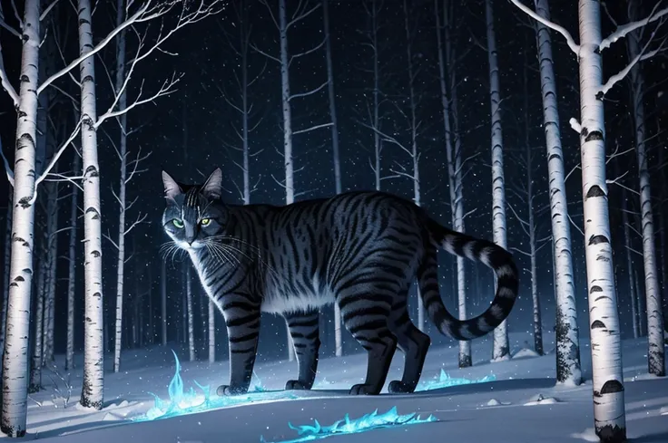 Midnight in a blizzard. Side view of one 10-foot-tall black and gray striped cat , surrounded by blue flames, stalking through a birch forest.