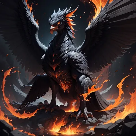 The mythological phoenix creature with black flames, imposing, serious and extremely powerful.
​