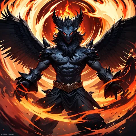 The mythological phoenix creature with black flames, imposing, serious and extremely powerful.
​