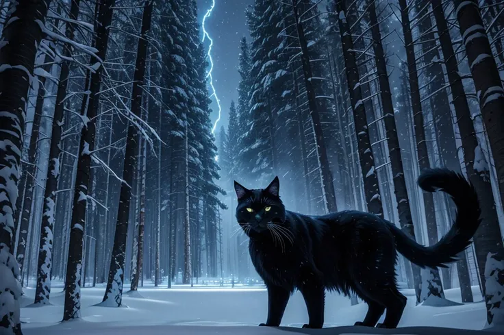 Midnight in heavy snow. Side view of one hulking 10-foot-tall shaggy black cat with supernatural blue flames on its fur, stalking through a birch forest.