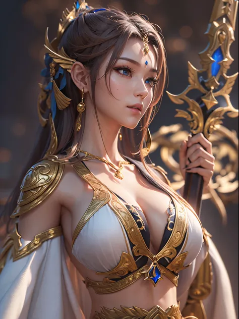 (((goddes)))8K high image quality、masutepiece、Ultra-realistic details、3d rendered、Sexy costume with wide open chest、He also has a glowing sword、Detailed body、Detailed chest、A detailed face、Detailed hand、smart and strong face、Bright light shines、Blur the ba...