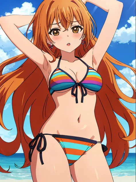 kouko, 1girl, alone, long_hair, breasts, looking_at_viewer, blush, open_mouth, bangs, simple_background, brown_hair, navel, cleavage, brown_eyes, jewelry, medium_breasts, very_long_hair, swimsuit, bikini, cowboy_shot, earrings, parted_lips, sky, day, strip...