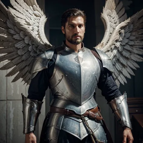 Handsome, man, tall, angel, four wings, beared, full plate armor, greatsword