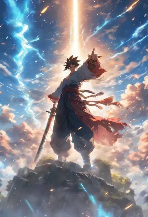 llustration of A man pointing his hand to the sky, a sword in the sky, the sky is torn, epic shot, Unreal Engine, beautiful lighting, 8K
Resolution, flm photography, wuxia --ar 9:16 --s
400 --style original