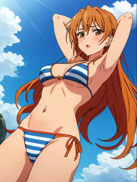 kouko, 1girl, alone, long_hair, breasts, looking_at_viewer, blush, open_mouth, bangs, simple_background, brown_hair, navel, cleavage, brown_eyes, jewelry, medium_breasts, very_long_hair, swimsuit, bikini, cowboy_shot, earrings, parted_lips, sky, day, strip...