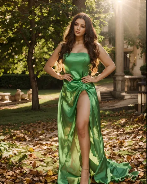 a woman in a long dress standing in the leaves, full body green dress, wearing long gown, full body photoshoot, long dress, elegant glamor pose, full body photogenic shot, stunning elegant pose, modeling shoot, beautiful full body shot, sexy gown, 🤬 🤮 💕 🎀,...