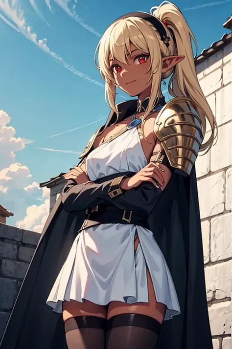 hairband, upper body, sash, blue sky, Standing at attention, dynamic pose, crossed arms, long black coat, thighhighs, blue armor, shoulder armor, long pointy ears, dark elf, dark skin, blonde hair, long hair, Side ponytail, (dark-skinned female:1.2), red e...