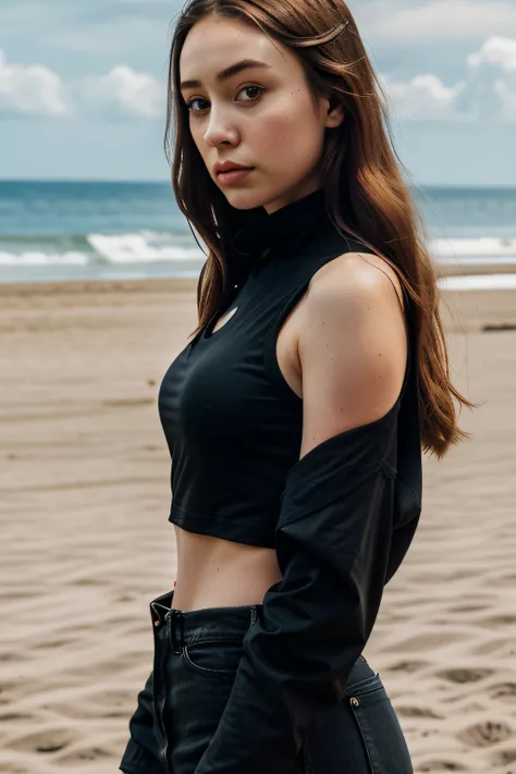 there is a woman in a black top and a black jacket, portrait sophie mudd, , thick neck, 24 year old female model, angelawhite, violet myers, 22 years old, she is wearing a black tank top, 21 years old, profile image, italian, Alycia Debnam-Carey, looking s...