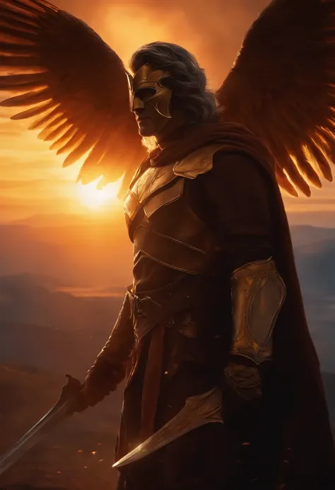 A mysterious man with angelic features, wearing a mask, holding a giant sword, with a halo above his head. (Wings:1.2). The sky is painted in vivid colors, with a majestic sun setting in the background. The painting is created using a realistic oil paintin...