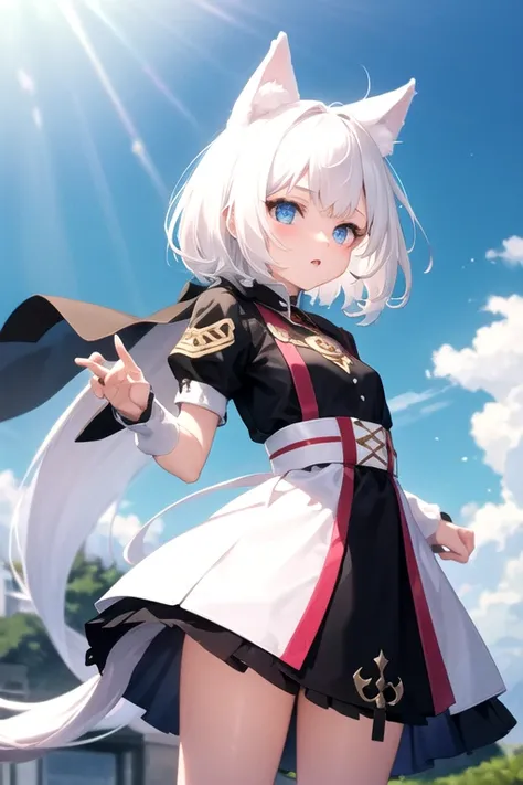 young girl White hair Blue eyes Child White wolf ears and tail