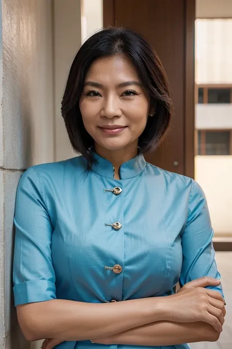 50 year old Asian woman,  sorrindo fundo de cassino de terno, Business woman, rica