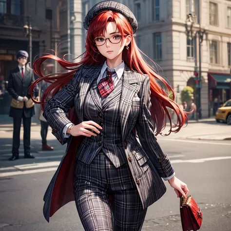 femele, detective, Silver-rimmed glasses, Suit with tartan check, redhair, beret,Brown Eyes, magnificent scene, best composition, (masutepiece, Best Quality, Hires, High quality, By a professional artist, ultra-detailliert, Extremely detailed, absurderes, ...