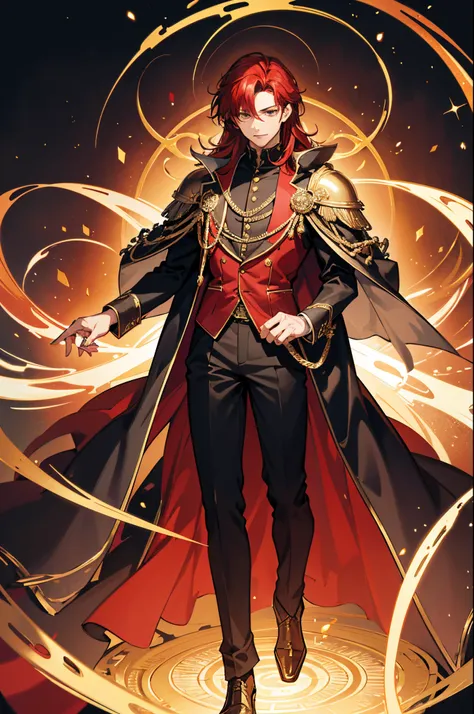 Draw me the god of magic. Male. Handsome face. Age 40. Dark-red hair. Fully clothed. Royal clothes. Clothes are red, scarlet, white, black, golden. Masterpiece. Magic effects. Magic spells.