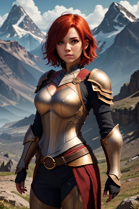 (1 woman), {{armor, brown eyes, red hair, short hair}}, half body shot, muscular, (mountains background, 8k quality, highly detailed)