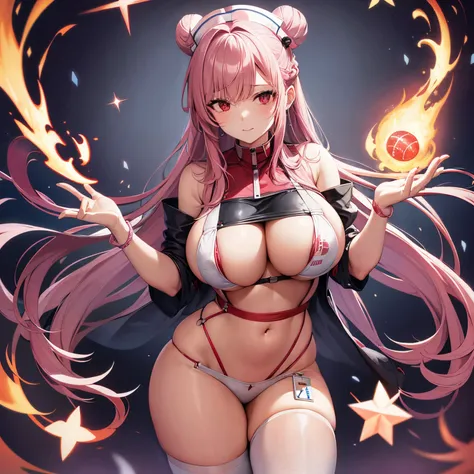 Nurse // alone woman // big boobs // FIRE magic // bun hairstyle // red eyes