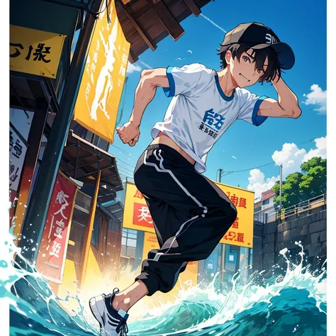 Best Quality, masutepiece, 超A high resolution, Detailed background, Realism, Illustrations, Single, 1 boy, Street,man jogging、Beautiful sea view、40 years、Dark hair、short-haired、wearing a black Adidas hat、Black eyes、big eye、Handsome face、Get a toned body wi...