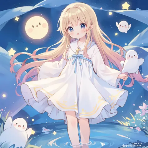 Top Quality, Masterpiece, Ultra High Resolution, Pretty Facial Features, Flat Design, Shoshi no Ko, Hoshino Ai, simple background, giant glowing cute stars, ziyu, colorful, cute girl standing in water, starry sky in background, huge full moon, water ripple...