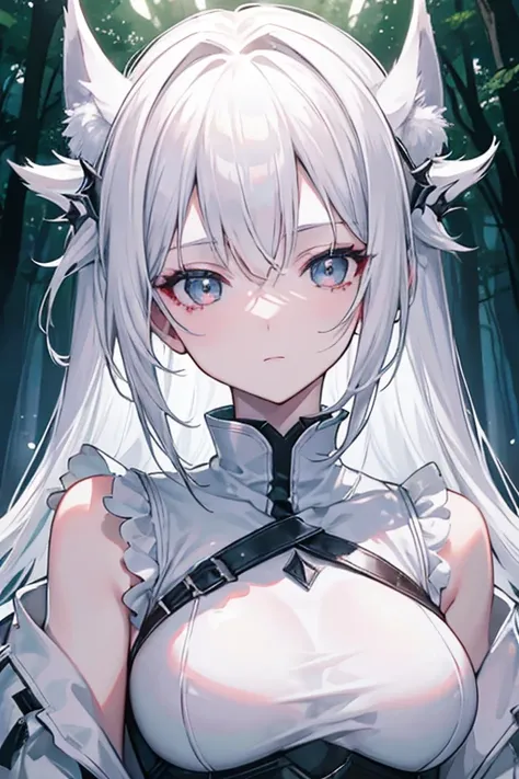 White-haired loli，Handsome, Fair skin, Silver-white eyes, White wolf ears，In the forest of movie lights, Dark and low light. Wear a white bondage suit,  Her skin is fair, Her face is exquisite and flawless, tmasterpiece, Art of the highest quality. This im...