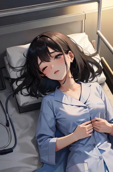 A young girl in a hospital gown，Long black hair hanging loosely，Lie on the bed in the ward with your eyes closed，Peripheral medical equipment，The picture shows the hospital rescue scene。