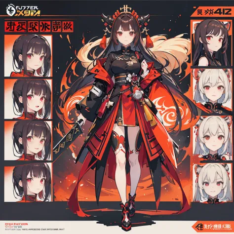 (Piece masuter,Best Quality,Ultra-detailed), (Character Sheet:1.2),full - body, supreme，1girll，long legs，burgundy and black shirts， Upskirt，windproof boots，Orange, Large red and black trench coat，Long red and black hair，red eyes，standing pose，Red Katana，Hi...