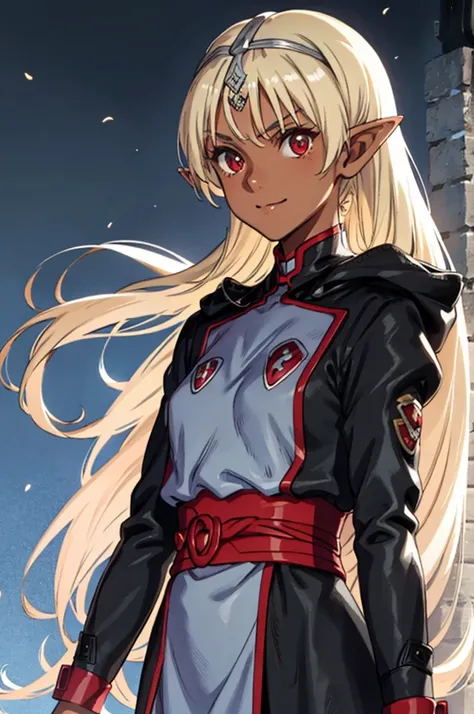 hairband, upper body, sash, blue sky,Standing at attention, dynamic pose, crossed arms, long black coat, blue armor, shoulder armor, long pointy ears, dark elf, dark skin, blonde hair, long hair, Side ponytail, (dark-skinned female:1.2), red eyes, 1 girl, ...