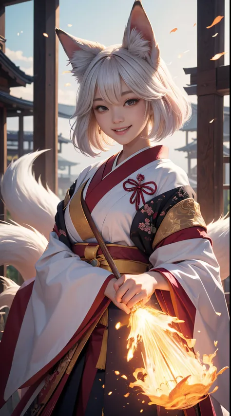 beautiful japanese young woman,Solo, Happy smiling official art, Unity 8k wallpaper, Ultra detailed, Beautiful and aesthetic, Beautiful, Masterpiece, Best quality, Kitsune witch, kitsune mask, Pink and white haori jacket, Foxfire spell, The fox is familiar...