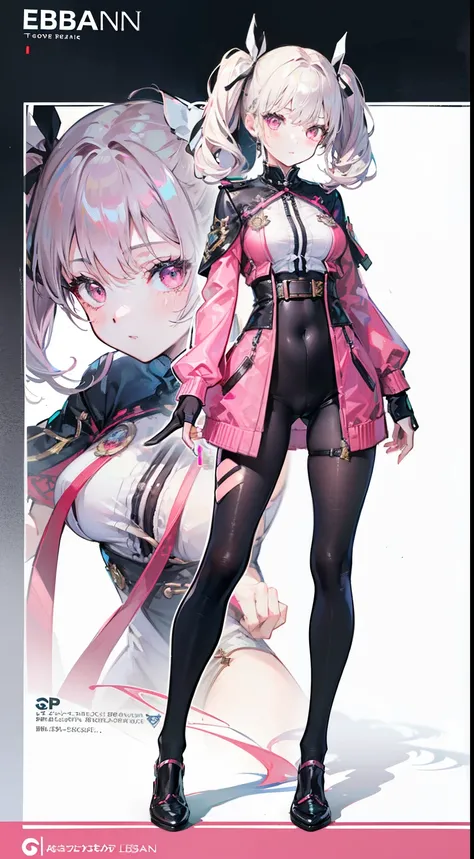 ((top-quality)))1 young girl, character sheets, concept-art, full body Esbian, (​masterpiece:1.2), (Top image quality:1.3), 1girl in, is standing, white ribbon twin tails, A sexy, women style black sheath tights suit, Obscene tattoos, Big,light bege hair,P...