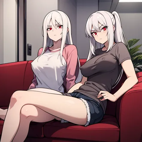 2 Females, long white hair and long gray hair, dark red eyes, medium tits, both wearing casual shirts and short shorts, hard nipples, nipples poking through clothing, defined nipples, both sitting comfortably on couch, comfortable and neutral expressions