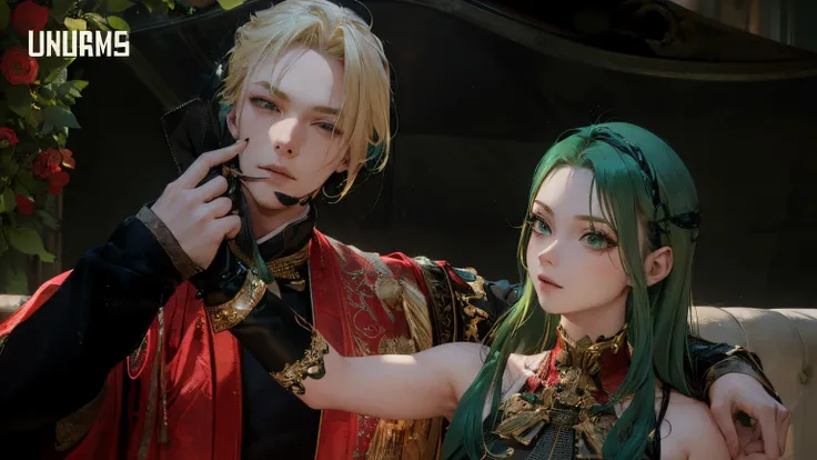 blonde haired boy and woman with green hair, detailed face,detailde pose,detailed picture,pose same photo,detailed graphic