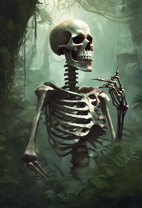 a skeleton ((showing the middle finger)) in the jungle