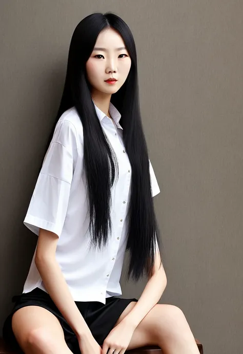 Chinese woman, long black hair, height 170 cm, realistic, white, black shirt that says CHELSEA, sitting, holding cigarette