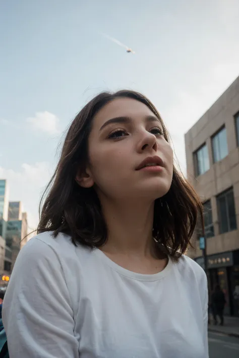 Cityscape with people looking up at empty sky((best quality)), ((masterpiece)), (detailed), perfect face