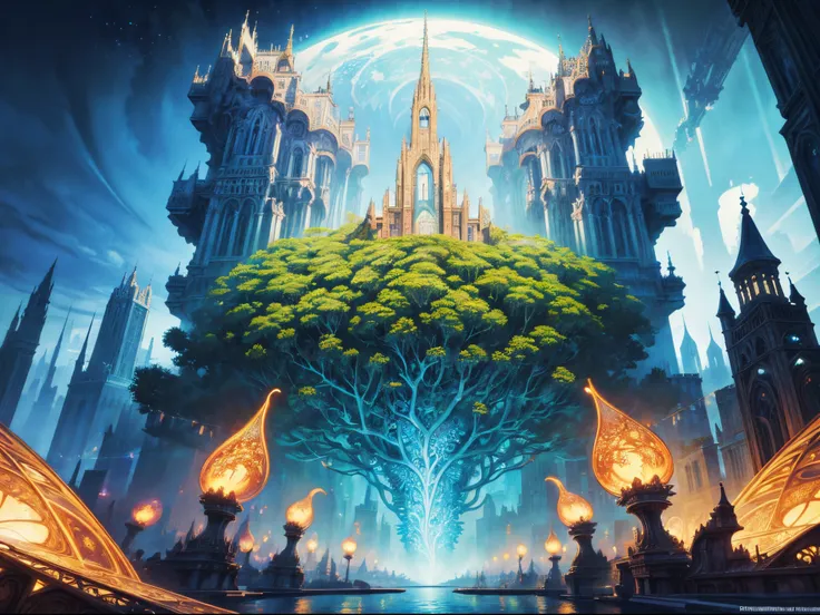 Combine the magic of fantasy with the intricate beauty of fractal geometry. Picture Leonardo AI in a cityscape where fractal patterns intertwine with architecture, creating a mesmerizing and otherworldly scene. This prompt draws inspiration from the fantas...