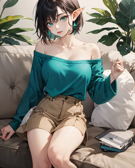 Auburn, short hair, elf, pale, teal eyes, short, olive sweater, busty