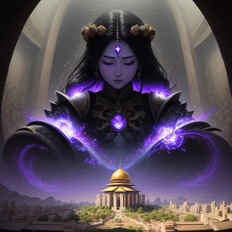 Absurd, high resolution, ultra-detailed, broken, design a beautiful temple scene, intricate Babylone architecture, lush gardens, and a sense of peace and spirituality. Broken, creating an image of a destructive energy purple color with terrifying features,...