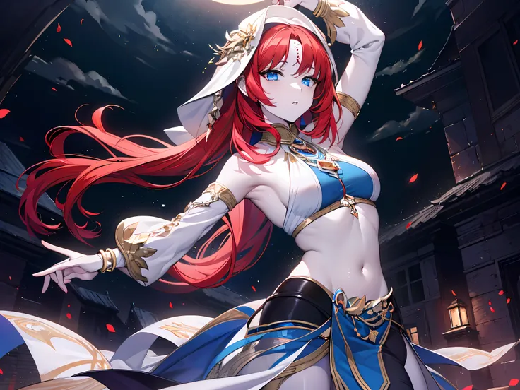 (masterpiece:1.2), (pale skin:1.2), (solo:1.2), (female:1.1), (emphasis lines:1.3), (detailed:1.2), red hair, long hair, armpits, bracelets, blue eyes, moon, night, (dancing under the moonlight:1.2), navel