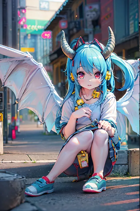 anime girl with blue hair and horns on the street, 3d realistic anime, 2. 5 d cgi anime fantasy artwork, anime style 3d, anime s...