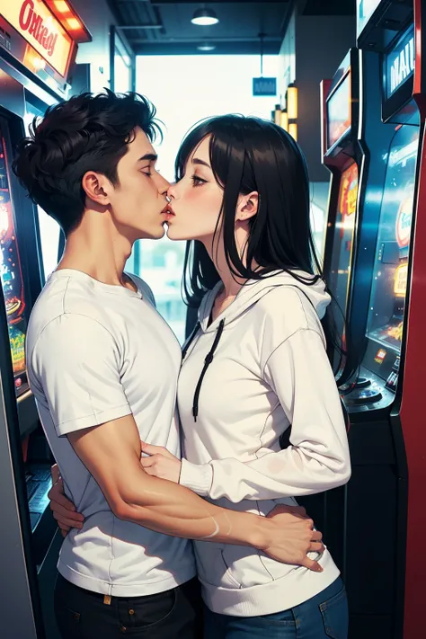 Man wearing white hoodie and jeans kissing a sexy woman wearing a tight dual toned t shirt and skinny black pants in an arcade