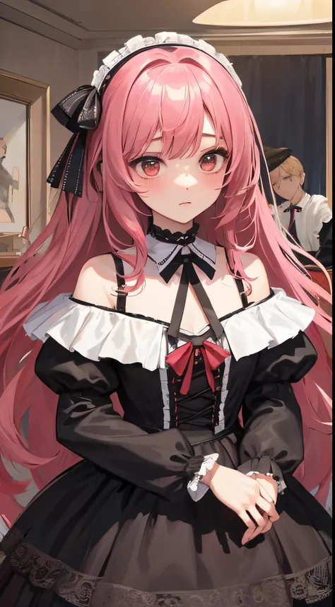 （（girl with２a person々Fighting:1.8））,(blush:1.1),Choker,Looks like they&#39;re in a physical fight、top-quality、masutepiece、Blushing cheeks、Mine makeup、Yandere Images、black and red lolita fashion、One person shortcuts、Colorful long hair、《Messy room》、bustup、Th...