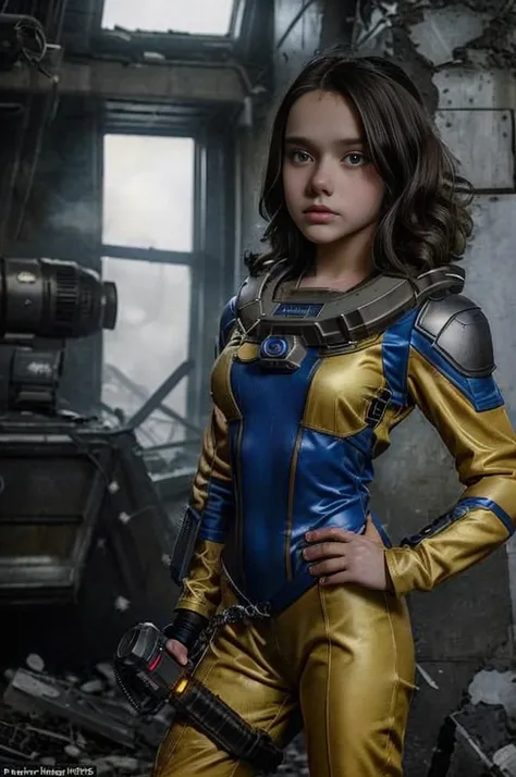 13 year old girl wearing (vaultsuit with pipboy3000 on wrist) standing in a ruined city, holding a large fallout weapon, giant s...