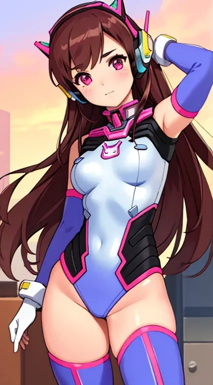 Masterpiece, Best Quality, High Resolution, 1Girl, Ultra High Resolution, Solo, Mecha Pilot, D.VA, Headphones, Pink Eyes, Cat Face Adornament, Blue Tights, Brown Hair, White Gloves,