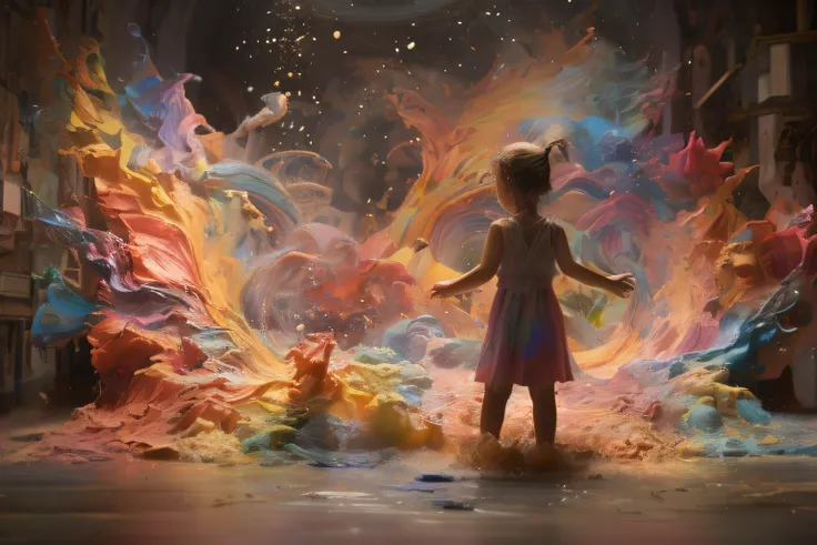 painting of a girl in a dress standing in a room with a lot of colorful paint, dreamlike digital painting, Render de octanaje colorido, Beeple. Renderizado de octanaje, Pintura digital. Renderizado de octanaje, Beeple. hiperrealismo, Arte digital 4K inquie...