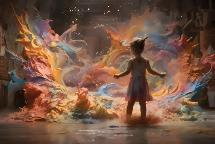 painting of a girl in a dress standing in a room with a lot of colorful paint, dreamlike digital painting, render de octanaje co...